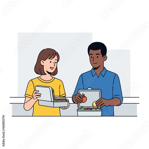 Lunchtime Preparations: A collaborative illustration showcases two individuals preparing healthy lunchboxes.