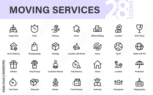 Line-style web icons for transportation and moving services.  Packing, loaders, collection, office relocation, and courier.  Pack of thin outline icons.