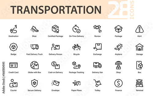 Line-style web icons for transportation and moving services.  Packing, loaders, collection, office relocation, and courier.  Pack of thin outline icons.