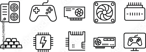 Flat vector illustration, computer hardware icons, gaming equipment, processor chip, graphics card, CPU fan, controller, gaming monitor, technology design