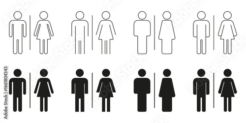 Male And Female Restroom Sign Icon Set. Collection of Gender Restroom Symbols for Navigation and Public Facilities Line And Solid Styles. Accessibility Signage. Isolated Vector Illustration