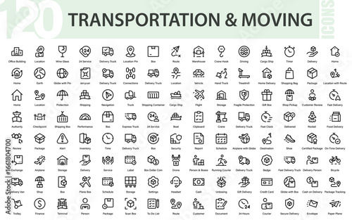Line-style web icons for transportation and moving services.  Packing, loaders, collection, office relocation, and courier.  Pack of thin outline icons.