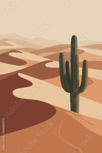 Cactus in Desert Sand Dunes with Abstract Minimalist Style