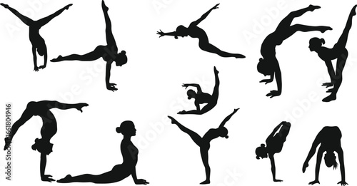 Vector silhouette of women in advanced gymnastics, yoga, and balance poses showcasing strength, flexibility, control, motion, and elegance