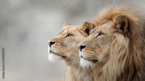 Proud African lion couple attentive, majestic, observing savanna