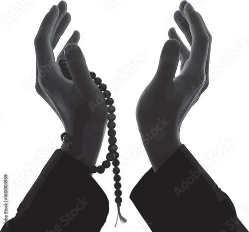 Monochrome Image of Praying Hands Holding Rosary Beads in Supplication and Meditation Reflecting Spirituality and Faith With Hope
