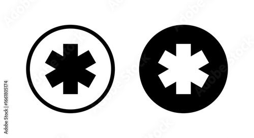 Asterisk icon in black circle. Black star symbol with six points