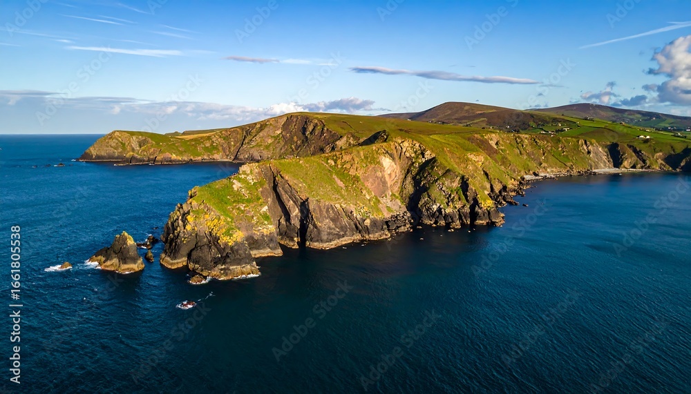 Fototapeta premium Dramatic Irish Coastline Aerial View with Rugged Cliffs and Deep Blue Ocean