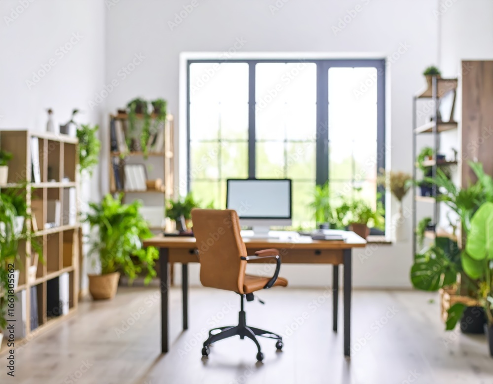 Fototapeta premium Abstract blurred home office interior room. blurry working space