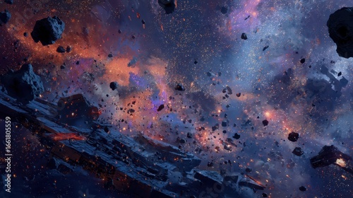 Galactic Warzone with Debris among Glittering Stars in Space