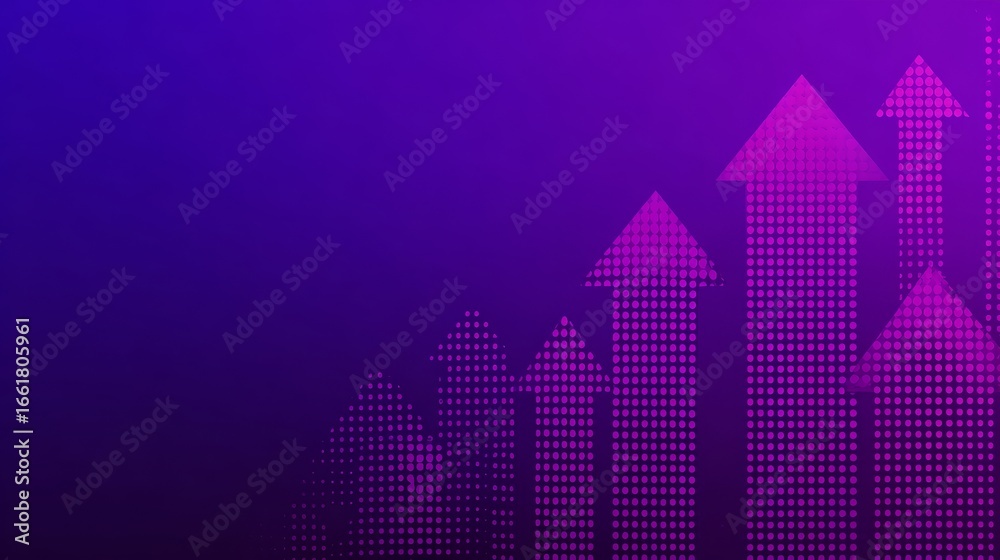 Obraz premium Modern abstract background with halftone arrows pointing upward on smooth purple gradient, symbolizing growth, progress, success, leadership, motivation, direction, future, innovation, and achievement
