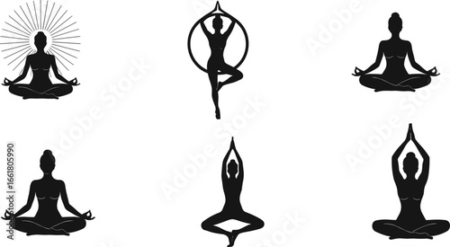 Vector silhouette of women practicing yoga, meditation, balance, and spiritual mindfulness in various seated and standing poses for inner wellness