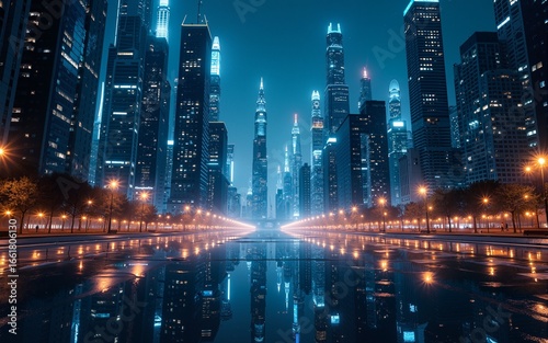 Wallpaper Mural A surreal city at night, where mirrored skyscrapers reflect endless geometric light patterns. High quality Torontodigital.ca