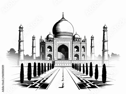 Illustrative Black and White Rendition of the Taj Mahal a Timeless Symbol of Mughal Architecture and Indian Heritage Depicting Symmetry and Grandeur