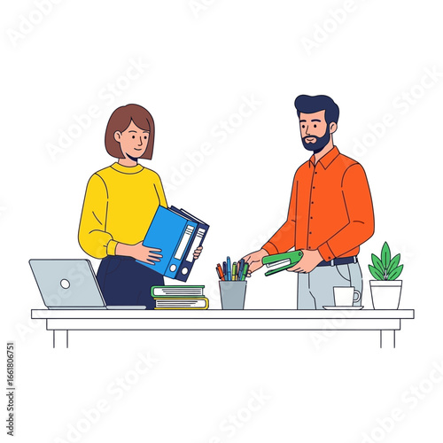 Teamwork in Office Setting: Two office worker collaborating at a desk with office supplies, illustrating productivity and cooperation.
