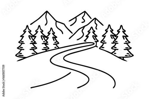 Mountain road covered with snow. line art flat vector illustration.