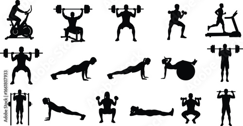 Vector silhouettes of men and women performing various gym workouts, strength training, cardio exercises, weightlifting, push-ups, squats, fitness routine, health and wellness