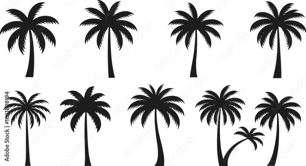 Fototapeta premium Palm tree silhouette vector set, tropical beach icons, summer nature clipart, black palm tree design, exotic vacation elements pack