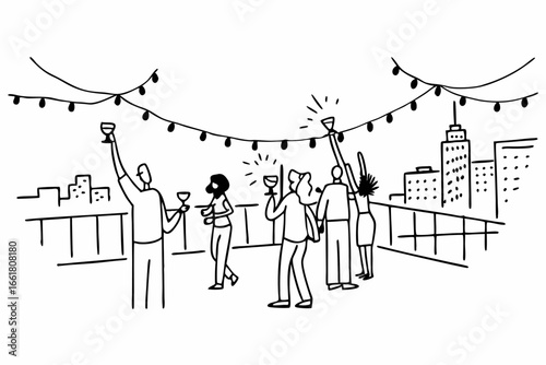 Vibrant city rooftop party at dusk with colorful lights and silhouettes