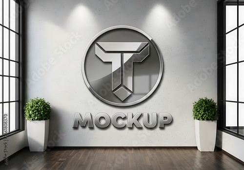 Fototapeta Naklejka Na Ścianę i Meble -  A modern 3d logo mockup displayed on a textured wall in a studio setting with spotlights and potted plants, showcasing branding and corporate identity