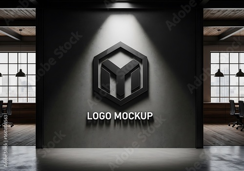 Fototapeta Naklejka Na Ścianę i Meble -  Modern 3d logo mockup displayed on a textured concrete wall in a contemporary office interior with spotlight illumination