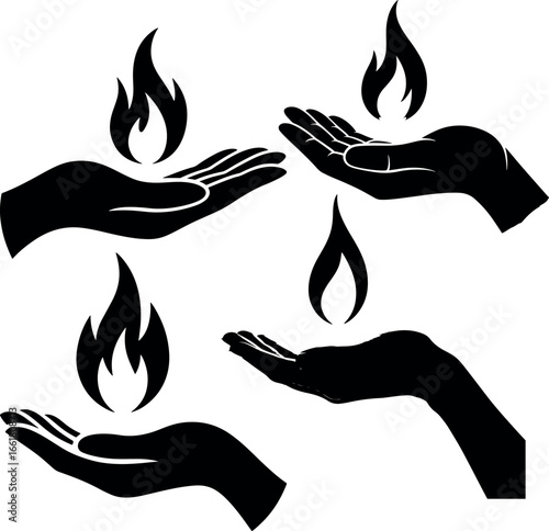 Black and white vector graphic showcasing hands holding flames a conceptual representation of passion energy creation and spiritual offering symbolism