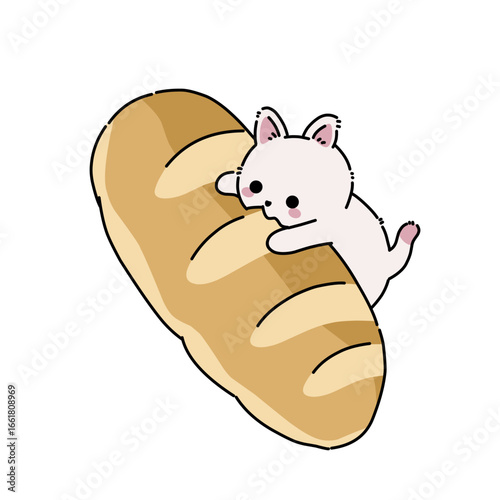 Cat with baguette bread vector cartoon illustration art.