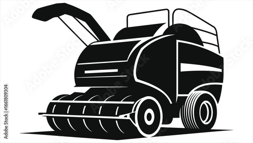 Modern agricultural harvester vector illustration, black and white farming machine icon design, combine harvester silhouette for agriculture, farm equipment, crop harvesting technology, rural industry