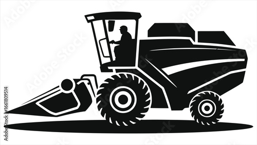 Potato harvester silhouette vector icon. Agricultural machine for digging potato crops. Farm equipment and heavy machinery graphic illustration isolated on white background.