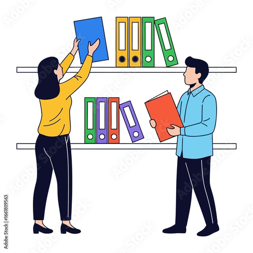 Organizing the Archive: A pair of professionals meticulously organize a shelf, managing the orderly display of vital documents, ensuring efficient information management.