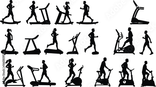 Vector Silhouettes of People Exercising on Treadmills, Elliptical Machines, Exercise Bikes, Gym Workout Fitness Icons for Health and Training