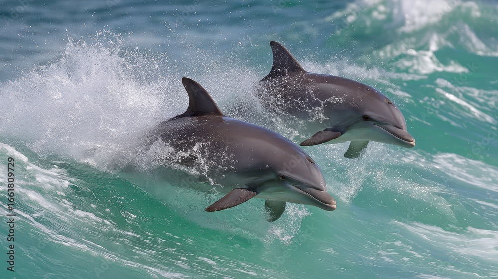Naklejka premium Happy Dolphins Jumping in Crystal Clear Ocean Waves
