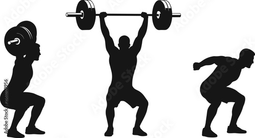 Vector silhouettes of men performing barbell squats, powerlifting, and Olympic weightlifting movements, perfect for fitness, training, gym illustrations