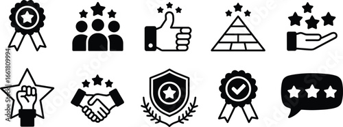 Flat vector illustration, rating icons, customer satisfaction, quality assurance, achievement award, trust feedback, review symbols, business success, evaluation