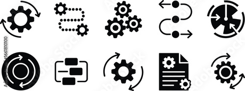 Flat vector illustration, process workflow icons, automation and system development, business management, gear settings, flowcharts, operations and productivity improvement