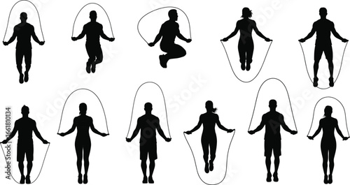 Vector silhouettes of people jumping rope, cardio exercise, fitness workout, healthy lifestyle, gym training, active movement, skipping motion