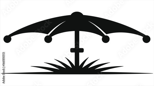 Minimalist Black and White Vector Illustration of a Sprinkler System with Umbrella Design, Garden Irrigation Icon for Landscaping and Design Projects, Simple and Modern Graphic Art