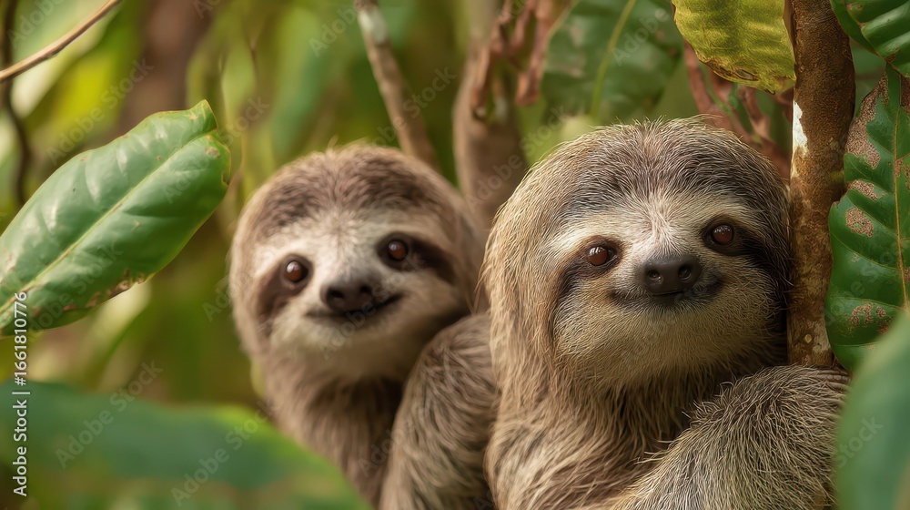 Naklejka premium Two Happy Sloths Relaxing on Tropical Trees in Rainforest Environment