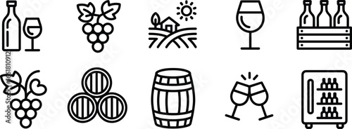 Flat vector illustration, wine icons, vineyard symbols, grapes, wine glass, wine bottle, barrel, winery, vineyard field, celebration design