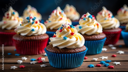 Festive red white and blue cupcakes decorated with sprinkles for celebration