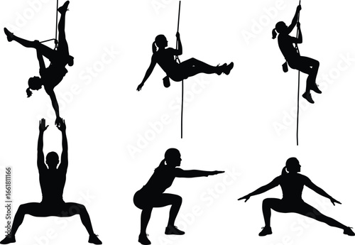 Vector silhouettes of rock climbers and fitness exercises, rope climbing, athletic training, strength workout, gym fitness, active lifestyle, outdoor sport, endurance, balance