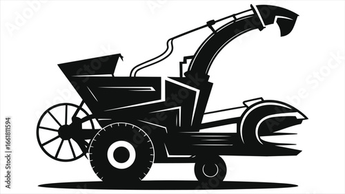 (Thresher machine)Black and white combine harvester silhouette vector icon - agricultural forage harvester with header and chute, farm machinery illustration for farming, harvesting crops