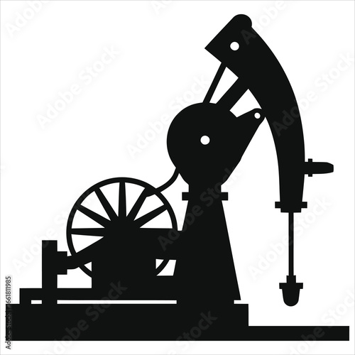 Black silhouette vector of oil pump jack drilling rig, petroleum extraction machinery icon, energy industry fossil fuel production illustration, nodding donkey beam pump equipment