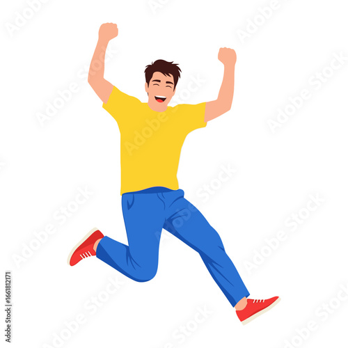 Joyful Leap: A young man radiates exuberant joy as he leaps into the air, embodying pure happiness. A visual celebration of vitality and success.