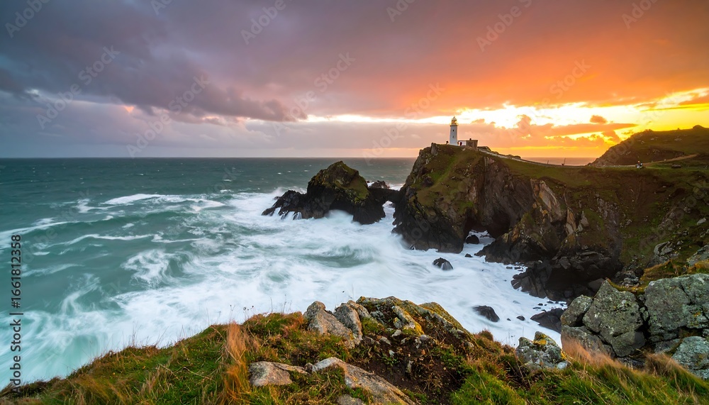 Naklejka premium Dramatic Sunset over Coastal Lighthouse with Crashing Waves and Rocky Cliffs