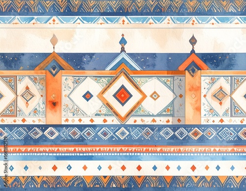 Seamless ethnic tribal pattern, modernized geometric shapes, bold lines, contemporary vector design, repeating background
