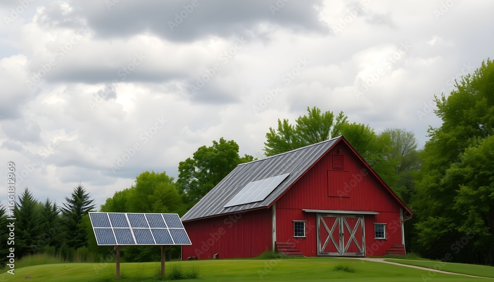 Obraz premium Red barn with solar panels on a grassy field under a cloudy sky.