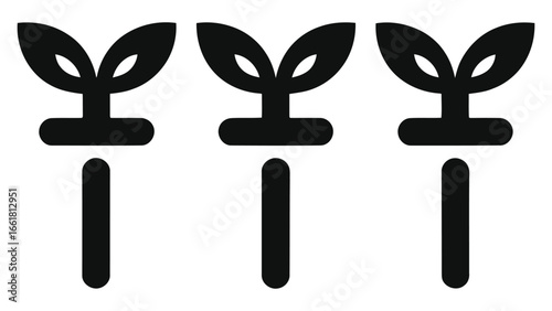 (Drip irrigation lines)Triple seedling icon set – minimalist black sprouts in a row, flat farming and gardening symbol for eco agriculture, sustainable growth, botanical nursery, organic nature