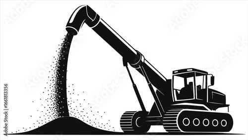 (Grain auger)Vector illustration of a dredging machine, simple minimalist black silhouette on white background.
