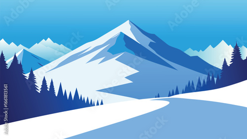 Ski slope surrounded by snow-covered mountains and evergreen trees under a clear blue sky flat background